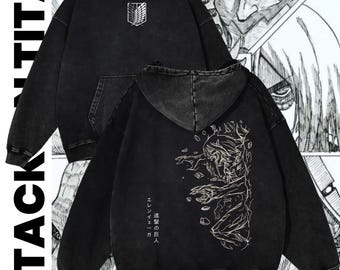 Attack on Titan Eren Yeager Hoodie, Acid Wash Anime Sweatshirt
