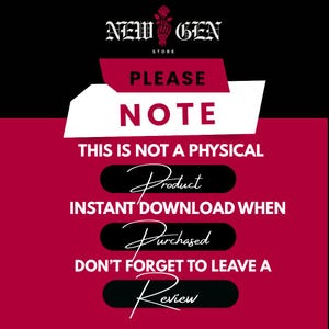 Pode incluir: An&uacute;ncio de produto digital com o texto "PLEASE NOTE" em branco sobre um fundo vermelho e preto. O texto enfatiza que o produto &eacute; um download digital e n&atilde;o um item f&iacute;sico.