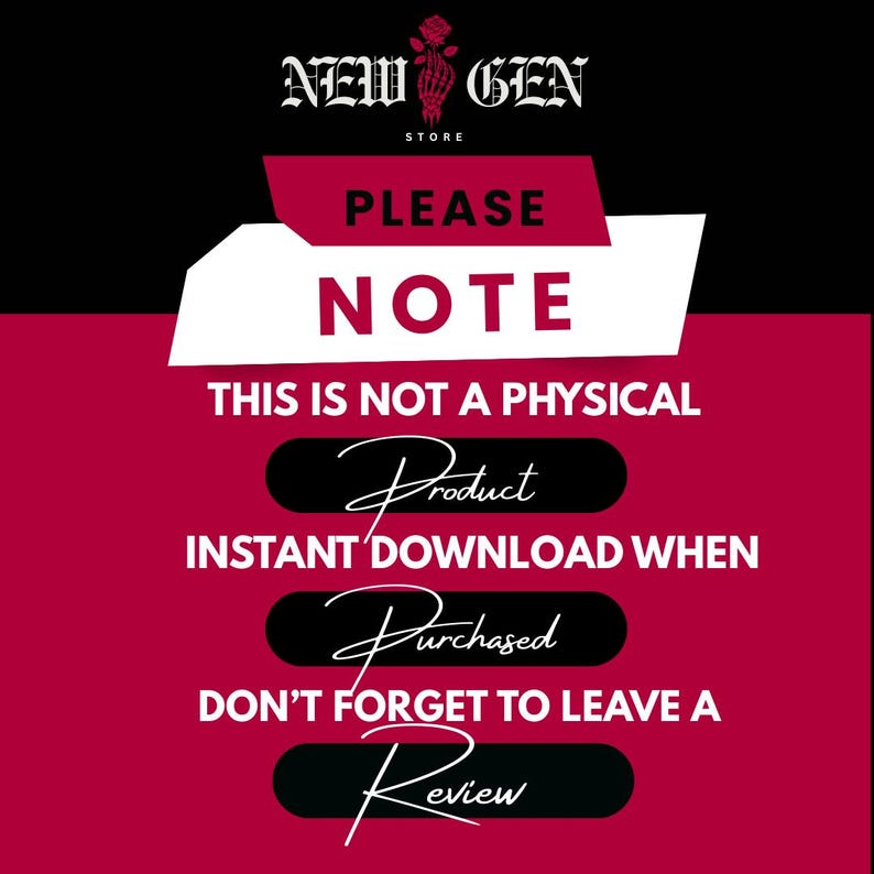 Pode incluir: An&uacute;ncio de produto digital com o texto "PLEASE NOTE" em branco sobre um fundo vermelho e preto. O texto enfatiza que o produto &eacute; um download digital e n&atilde;o um item f&iacute;sico.