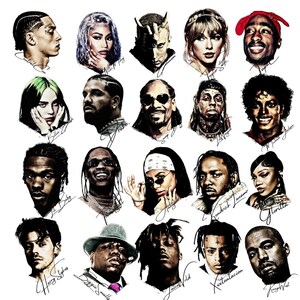 Pode incluir: Uma colagem de 20 retratos ilustrados de m&uacute;sicos famosos, incluindo Taylor Swift, Drake e Tupac. Cada retrato &eacute; um desenho detalhado com a assinatura do artista abaixo. Os retratos est&atilde;o em um fundo branco.