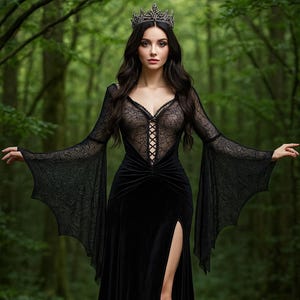 Gothic Black Velvet Evening Dress with Lace Batwing Sleeves and Crown