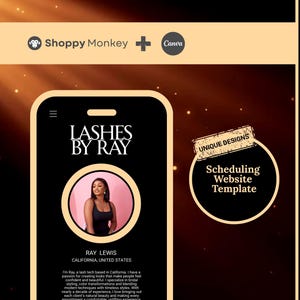Puede incluir: Un gráfico promocional para "Lashes by Ray" con una maqueta de teléfono inteligente y un diseño de tarjeta de presentación. El diseño incluye el texto "Lashes by Ray", una foto de una mujer e información de contacto. El gráfico también incluye el texto "Plantilla de sitio web de programación".