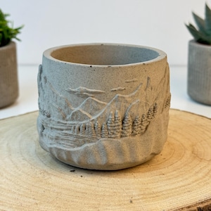 Op de afbeelding: Een kleine, ronde, grijze betonnen plantenbak met een gedetailleerd reliëf van een berg- en boslandschap. De plantenbak staat op een houten schijf, met andere kleine plantenbakken op de achtergrond. De plantenbak is ontworpen voor kleine planten.
