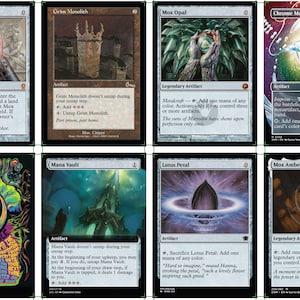 May include: A collection of eight Magic: The Gathering trading cards arranged in two rows. The cards feature various illustrations including a hand holding a diamond, a stone tower, a glowing orb, a blue creature, a ring, a structure, a petal, and an amber stone.