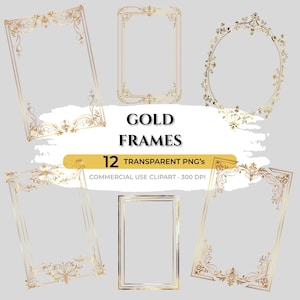 Puede incluir: Una colección de doce marcos dorados en varias formas, incluyendo diseños rectangulares y ovalados. Los marcos presentan detalles florales y de volutas ornamentados. El texto en la imagen dice "GOLD FRAMES" y "12 TRANSPARENT PNG's".