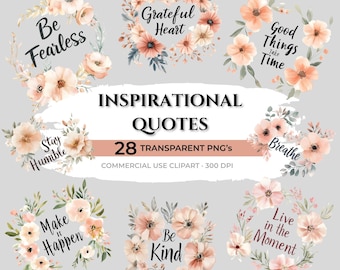 Inspirierendes Zitat Clipart | Gute Stimmung und Selbstliebe PNG Set | Motivation Aquarell Affirmationen | Boho Blumen Motivation PNG