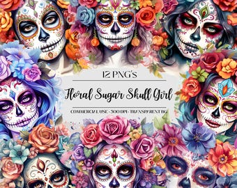 Día de Muertos Clip Art, sockerskalle PNG, mexikansk Halloween digital nedladdning, Catrina konst för hantverk, blommig flickorset