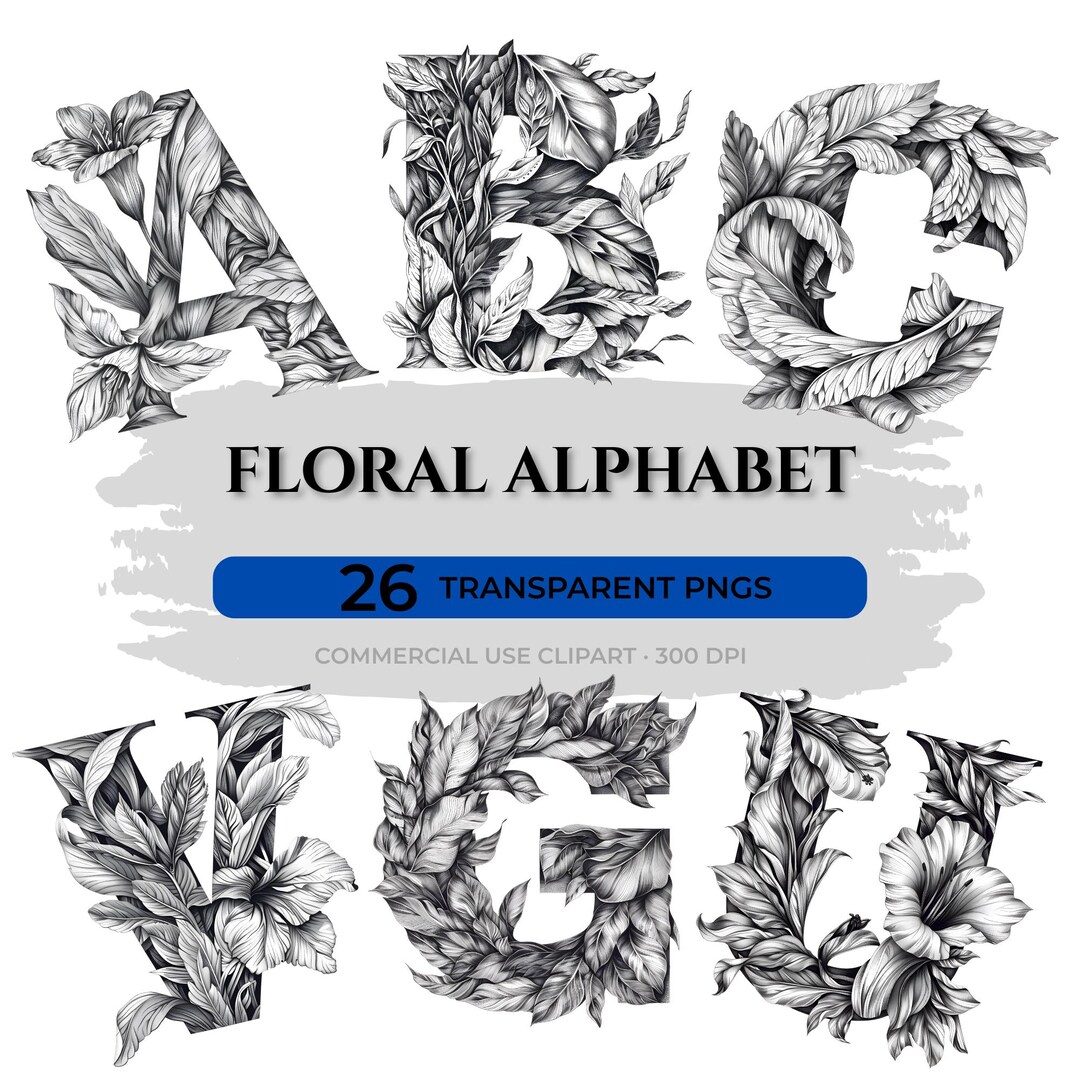 Floral Lineart Monogram Alphabet Clipart Set for Stationery ...
