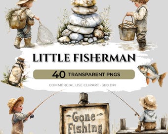 Little Fisherman Watercolor Clipart | Fishing PNG Bundle for Baby Shower, Nursery Decor & Invitations | Fishing Aesthetic Clipart Set