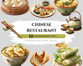 Chinesisches Essen Clipart-Set | Zum Mitnehmen und Knödel PNGs | Asiatische Küche Clipart für Menüs, Aufkleber und als Wandkunst