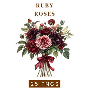 Rosa rubí - 25 flores PNG de acuarela rojo intenso, diseño floral botánico para boda y bordes de invitación
