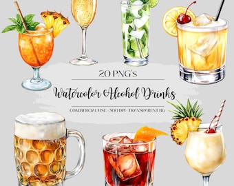 Cocktails clipartbundel, aquarel alcoholillustraties, digitale download, bruiloft drankje kunst, kenmerkende drankafbeeldingen