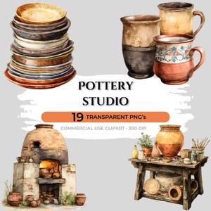 May include: Watercolor illustration of pottery studio elements. Includes stacks of plates, mugs, a kiln, and a table with pottery and tools. The text "POTTERY STUDIO" and "19 TRANSPARENT PNG's" are also visible.