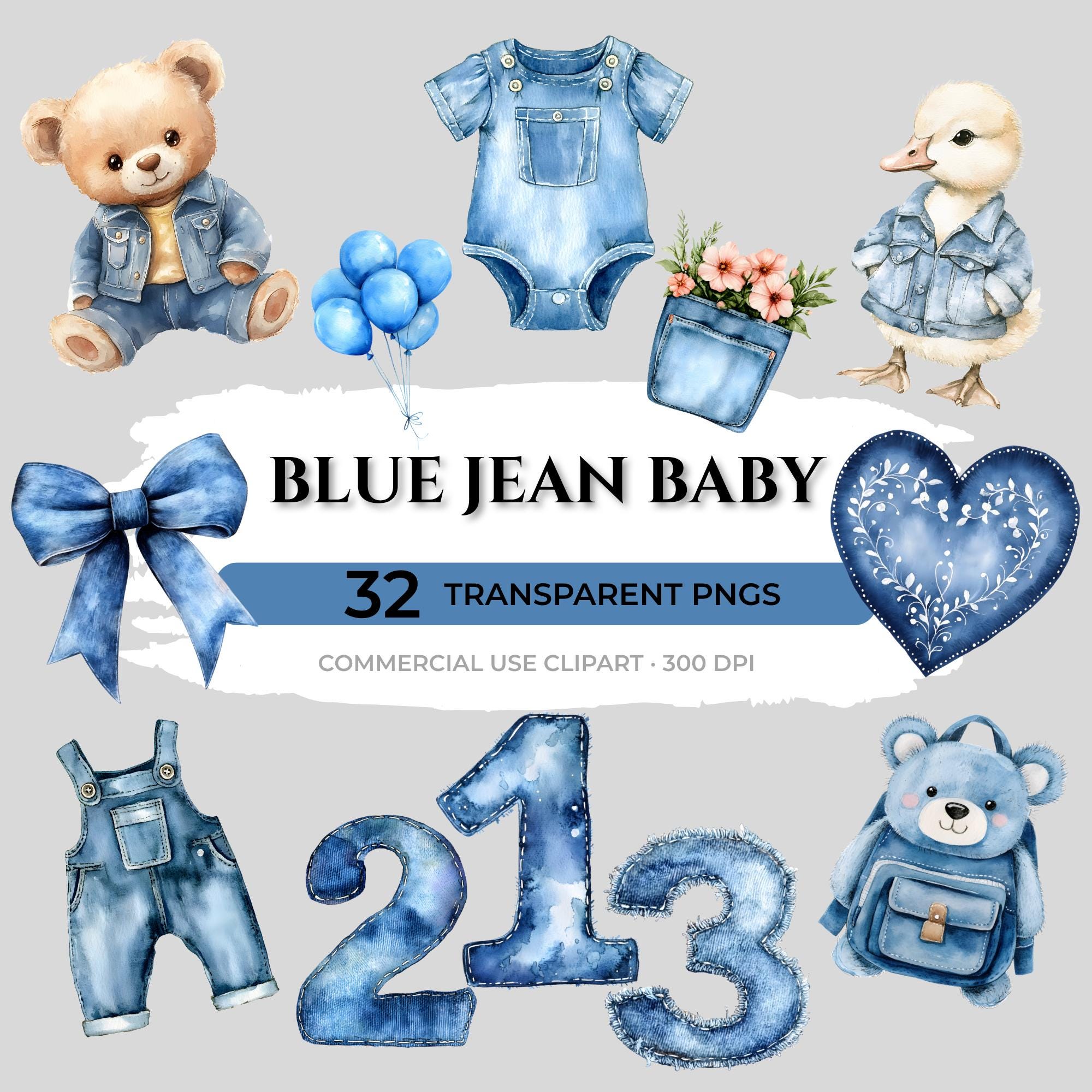 Blue Jean Baby Clipart Set | Denim Baby Shower PNG | Country Boy Baby ...