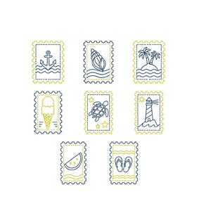 May include: A collection of eight rectangular postage stamp designs featuring blue and yellow embroidered outlines. The icons include an anchor, seashell, palm trees, ice cream cone, sea turtle, lighthouse, watermelon slice, and flip-flops.