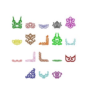 May include: A collection of nineteen distinct decorative corner and border motifs arranged in a grid. Each element features intricate, symmetrical scrollwork patterns in various solid colors including green, red, blue, brown, orange, purple, and teal.