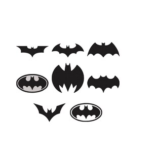May include: A collection of eight distinct black bat-shaped silhouettes and emblems arranged in a grid. The designs include various wing shapes, pointed ears, and two oval-framed logos, all presented as solid graphic icons on a plain white background.
