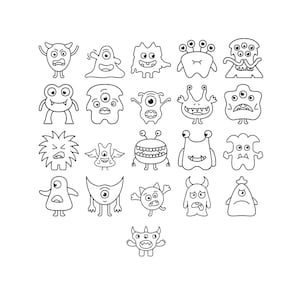 Diseño de bordado de contorno de monstruo, bordado de monstruo divertido, bordado infantil, conjunto de monstruos estilo doodle, archivos de diseño de bordado a máquina, 6 tamaños
