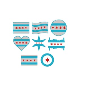 May include: A collection of eight embroidered patches featuring the Chicago flag design in light blue, white, and red. The shapes include rectangles, a wavy rectangle, a circle, a heart, a six-pointed star, a city skyline silhouette, and a roundel.