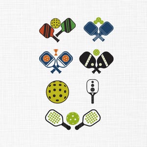 May include: A collection of pickleball-themed illustrations. The image features various pickleball paddles and balls in different colors, including orange, green, blue, and black. The designs are set against a white background.