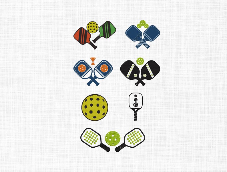 May include: A collection of pickleball-themed illustrations. The image features various pickleball paddles and balls in different colors, including orange, green, blue, and black. The designs are set against a white background.