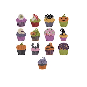May include: A collection of thirteen embroidered cupcake patches featuring Halloween themes including eyeballs, mushrooms, spiders, pumpkins, skulls, bats, and stars in various colors like purple, orange, green, and black on fabric.