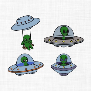 May include: Four cartoon illustrations of aliens and UFOs. One alien is on a swing hanging from a blue UFO. The other three aliens are inside different UFOs. The UFOs are blue, gray, and orange with circular windows.
