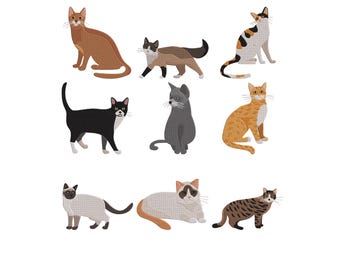 Cats Breeds Embroidery Design, Cats Bundle Embroidery,Cats Pet Animal Embroidery,Brown Tabby, and Calico Kitties Machine Embroidery, 5 Sizes