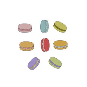 Peut inclure: Illustration de sept macarons colorés. Les macarons sont de différentes couleurs, dont rose, bleu, jaune, rouge, violet et vert. Chaque macaron a un aspect texturé et une garniture crémeuse.