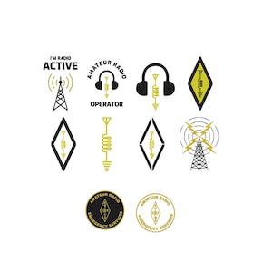 May include: A collection of black and yellow amateur radio graphics featuring icons of radio towers, headphones, antennas, and diamonds. Text includes I'M RADIO ACTIVE, AMATEUR RADIO OPERATOR, and AMATEUR RADIO EMERGENCY SERVICES in various layouts.