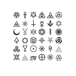 May include: A grid of thirty-six black symbols on a white background, including a pentagram, ankh, heartagram, inverted cross, eye of providence, crescent moon, star of David, sun wheel, triskelion, eye of Horus, and various geometric shapes.