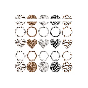 Op de afbeelding: Een verzameling dierenprintontwerpen in verschillende vormen, waaronder halve cirkels, cirkels, harten, zeshoeken en volledige cirkels. De patronen omvatten luipaardvlekken, giraffeprint en zebra strepen, allemaal in bruin, zwart en wit.