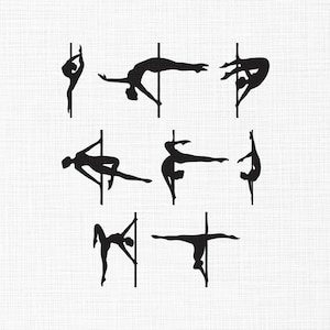 Può includere: Una collezione di figure nere a silhouette che eseguono varie pose di pole dance. Le figure sono ambientate su uno sfondo bianco, con ogni ballerina che interagisce con un palo verticale. Le pose includono spaccate, inversioni e movimenti dinamici, mostrando l'atletismo della pole dance.