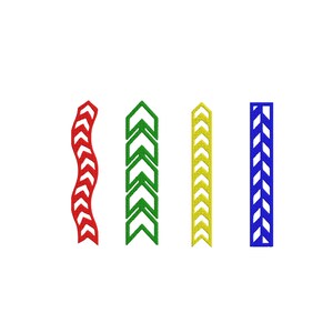 May include: Four vertical decorative elements in red, green, yellow, and blue. The red element is a wavy line of chevrons. The green element is a stack of chevrons. The yellow and blue elements are vertical lines of chevrons.