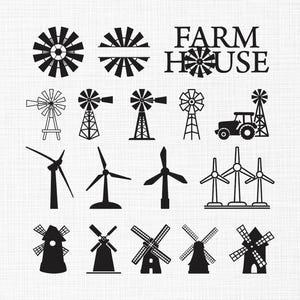 May include: A collection of black and white windmill illustrations, including various designs of wind turbines and traditional windmills. The word "FARM HOUSE" is displayed in bold, capital letters. The image showcases a variety of styles, suitable for farmhouse decor or related themes.