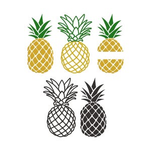 Puede incluir: Una colección de ilustraciones de piñas en varios estilos. Los diseños incluyen piñas amarillas y negras sólidas, así como contornos en amarillo y verde. Una piña está dividida por la mitad horizontalmente.