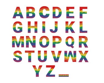 Diseño de bordado con fuente de rayas arcoíris, letras del alfabeto del orgullo LGBTQ gay, archivos de diseño de bordado a máquina, alfabetos en inglés, 6 tamaños.