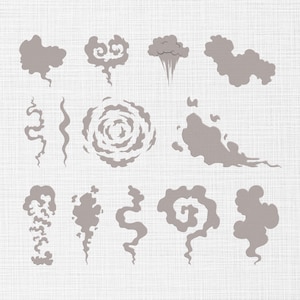Peut inclure: Ensemble d'illustrations de fumée et de nuages gris de différentes formes. Les motifs comprennent des formes tourbillonnantes, vaporeuses et bouffies, adaptées aux projets d'art numérique ou de design graphique. Le fond est un tissu blanc texturé.