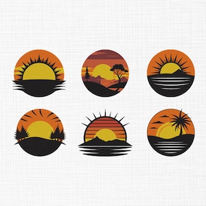 Diseño de bordado de atardecer retro, escenas de playa tropical, horizontes oceánicos, paisajes naturales retro, archivos de diseño de bordado a máquina, 6 tamaños