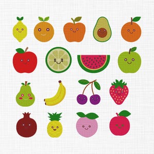 Op de afbeelding: Illustraties van cartoonfruit, waaronder een citroen, sinaasappel, appel, avocado en een plak watermeloen. Elk fruit heeft een lachend gezicht, wat een vrolijk ontwerp creëert. De afbeelding staat tegen een getextureerde witte achtergrond. Afmetingen niet van toepassing.