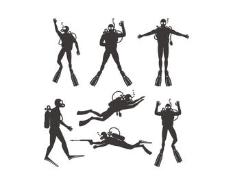 May include: A collection of black silhouette illustrations of scuba divers in various poses. The divers are wearing diving masks, tanks, and flippers. Some divers are swimming, while others are giving hand signals.