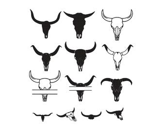 Longhorn Bull Skull Embroidery, Western Theme Longhorn Skull Machine Embroidery, Bull Skull Outline Embroidery, Split Longhorn Bull, 6 Sizes