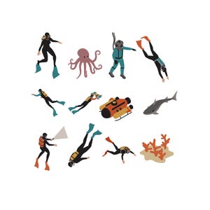 Puede incluir: Ilustración con varios elementos submarinos. Se representan buzos con trajes de neopreno negros y verde azulado con aletas, junto a un pulpo, un tiburón, corales y equipo de buceo. La imagen tiene un estilo gráfico limpio.