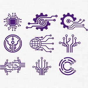 Puede incluir: Nueve iconos morados con temática tecnológica sobre un fondo blanco. Los iconos incluyen placas de circuito, engranajes y un globo terráqueo, todos con una estética digital moderna. Los diseños son limpios y geométricos.