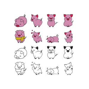 May include: A collection of cartoon pig illustrations in pink and black and white. The pigs are depicted in various poses, including sleeping, crying, and wearing scarves. The image is on a white background.