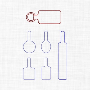 May include: A minimalist line drawing featuring kitchen and bottle shapes in red and blue. The image includes a rolling pin, bottle stoppers, and bottle outlines on a white background, all in a simple, outlined style.