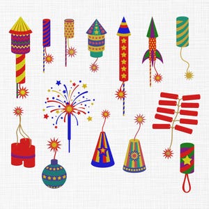 Pode incluir: Ilustrações de fogos de artifício coloridos. Os designs incluem foguetes, cones e formas cilíndricas com estrelas e explosões. Os fogos de artifício são vermelhos, amarelos, azuis, verdes e roxos, perfeitos para ocasiões festivas.