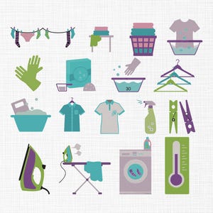 Puede incluir: Una colección de ilustraciones con temática de lavandería en un estilo de diseño plano. La imagen incluye iconos de lavadora, plancha, tendedero, detergente y otros elementos relacionados en tonos verdes, morados y azules.