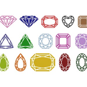 Könnte beinhalten: Eine Sammlung von fünfzehn farbenfrohen Edelsteinillustrationen in verschiedenen Formen, darunter Diamanten, Herzen und Ovale. Die Edelsteine sind in den Farbtönen Rosa, Blau, Rot, Schwarz, Braun, Lila, Grün und Gelb vor einem weißen Hintergrund umrandet.