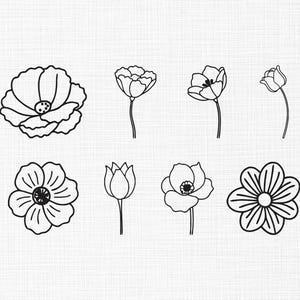 May include: Black and white line art of eight different flower illustrations. The flowers vary in shape and size, with detailed petals and stems. The designs are simple and elegant, suitable for various craft projects.